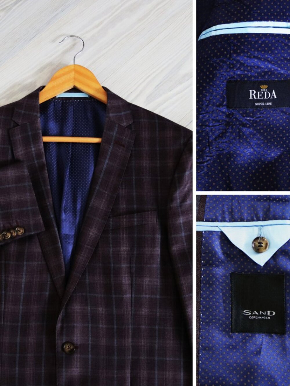 REDA Italian Wool Windowpane Blazer Men's 42R Purple SAND Copenhagen Sport Coat